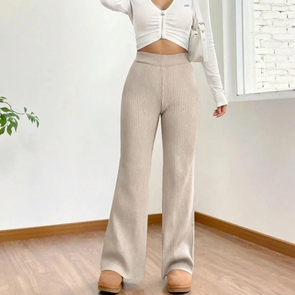 Shein High Waist Flare Leg Khaki Knit Pants Beige Ribbed size S - Picture 2 of 10